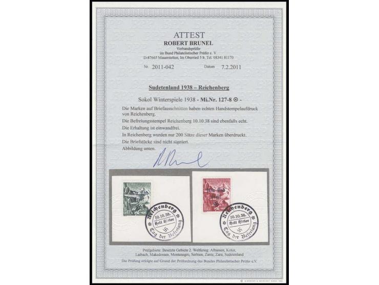 Sokol-Winterspiele 50 H. und 1 Kc., je mit Befreiungsstempel "REICHENBERG 10.10.38" auf Briefstück, Kabinett, Fotoattest Brun