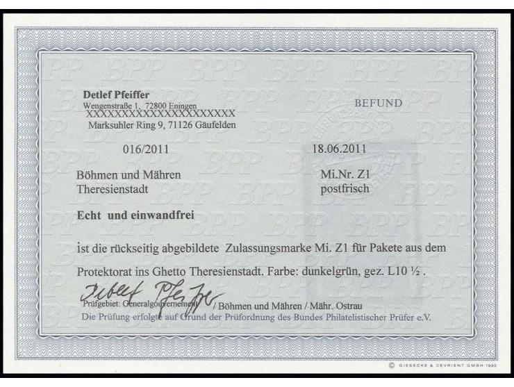 THERESIENSTADT: 1943, Zulassungsmarke, postfrisch, Fotobefund Pfeiffer BPP (Mi. 450,-)