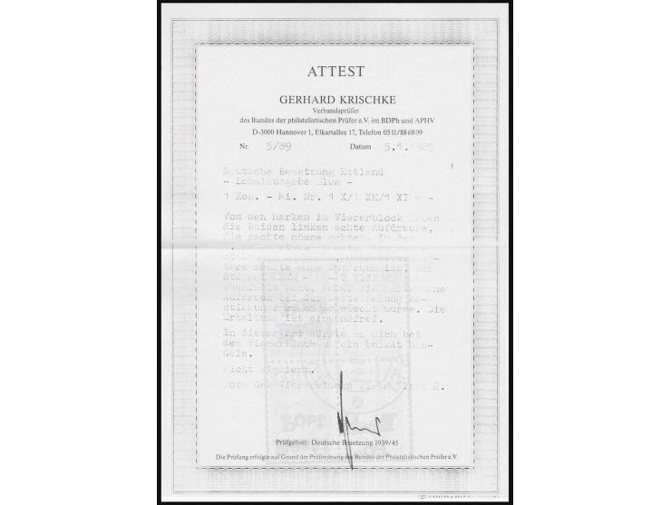 1941, Arbeiter 1 K. im 4er-Block, die linken beiden Marken mit normalem, die rechte obere mit kopfstehendem und die rechte un