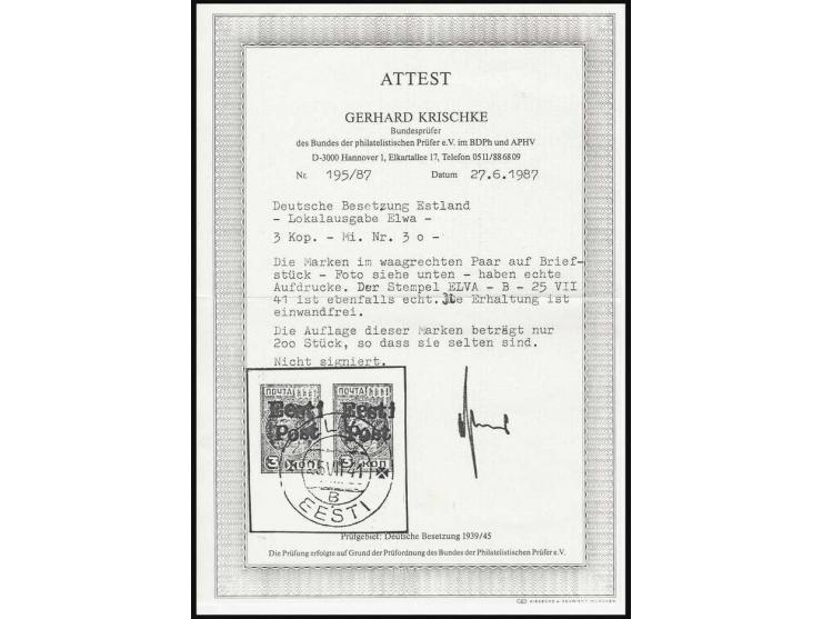  3 K. geschnitten im waagerechten Paar mit Stempel "ELVA B 25 VII 41" auf kleinem Briefstück, Kabinett, Fotoattestkopie Krisc