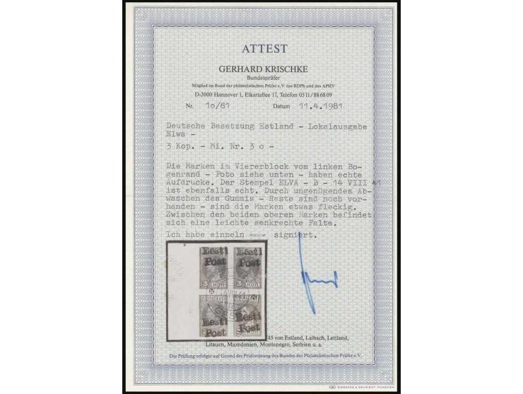 3 K. geschnitten im 4er-Block mit linkem Bogenrand, sauber, fast zentrisch gestempelt "ELVA B 14 VIII 41", zwischen den Marke