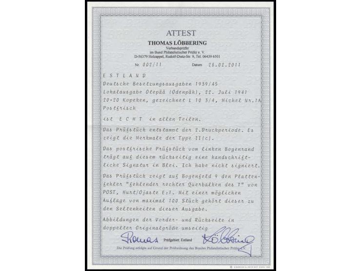 20 K. Type I mit Plattenfehler "fehlender rechter Querbalken des T", postfrisch, Kabinett, Fotoattest Löbbering BPP