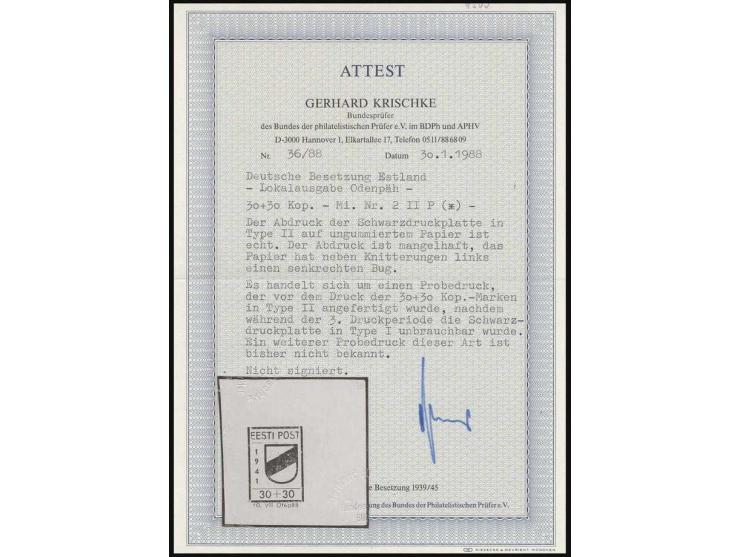 1941, 30 K., Abdruck der Schwarzplatte auf ungummiertem Papier (ca. 5 x 5,2 cm), dieser Probedruck wurde vor dem Druck der 30