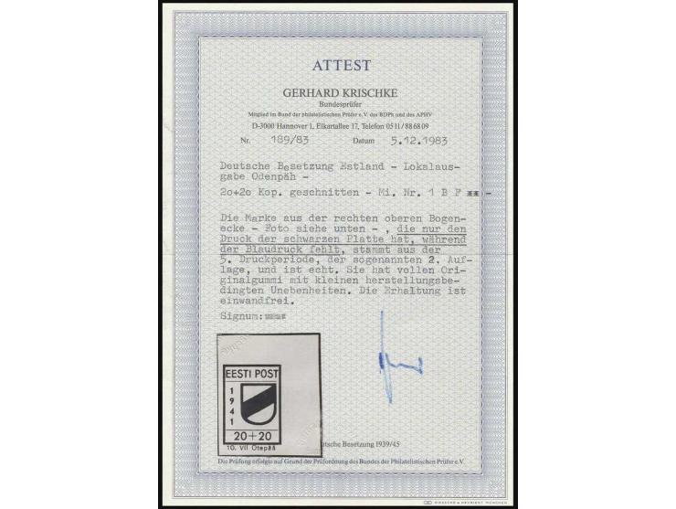  20 K. aus der rechten oberen Bogenecke ohne Blaudruck, postfrisch, Kabinett, doppelt sign. Krischke BPP mit Fotoattest