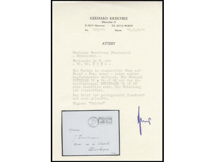 50 C. rot mit kopfstehendem Aufdruck auf Brief aus "GHYVELDE 14.7." nach Dünkirchen mit Ankunftsstempel, Pracht, sign. Calves