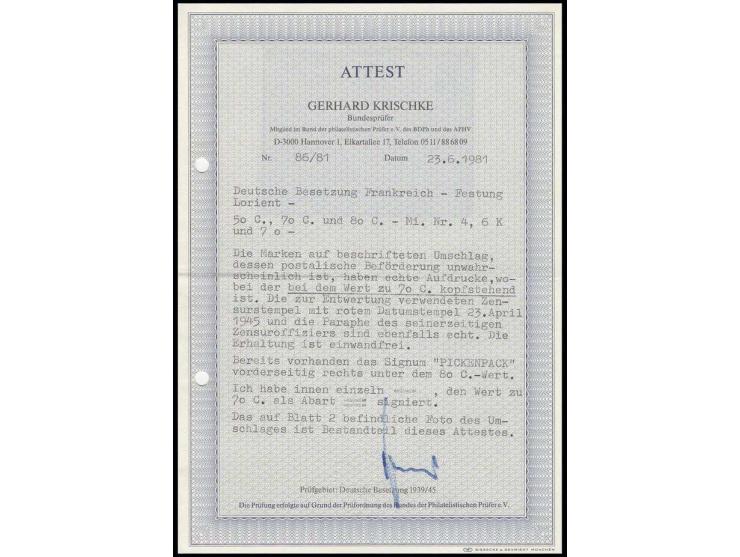 1945, 70 C. mit kopfstehendem Aufdruck sowie 50 und 80 C. mit normalem Aufdruck, mit Stempel "FESTUNG LORIENT ZENSUR 23. Apri