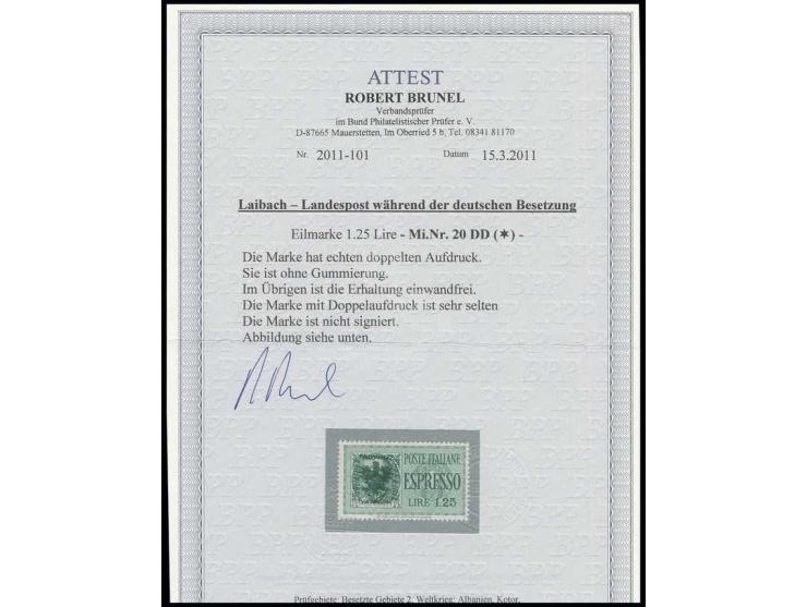 Eilmarke 1,25 L. mit doppeltem Aufdruck, ungebraucht ohne Gummi, Kabinett, Fotoattest Brunel BPP