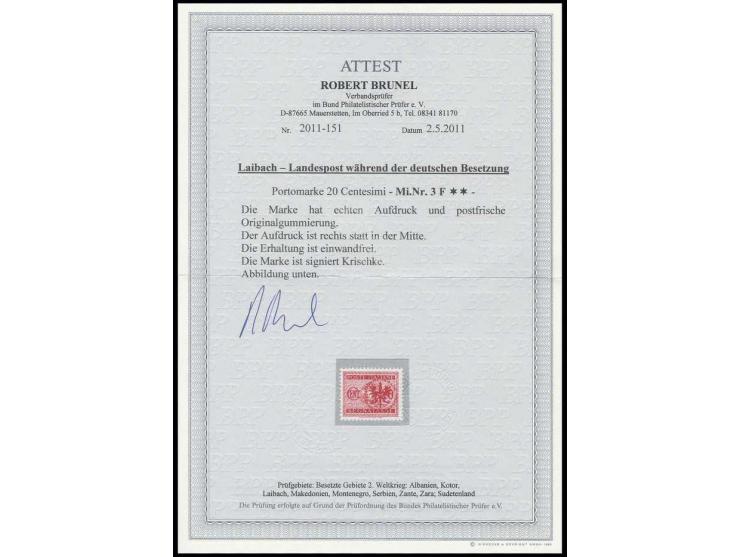  20 C., Aufdruck in der Mitte statt rechts, postfrisch, Kabinett, sign. Krischke und Fotoattest Brunel BPP