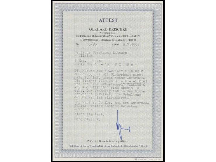 5 K.-1 Rbl. kpl. mit Stempel "VILNIUS 5.8.41" auf beschriftetem philatelistischem R-Umschlag, 80 K. mit Aufdruckfehler "weite