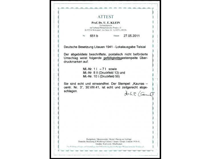  5-60 K. sowie 80 K. und 1 Rbl. mit Stempel "KAUNAS centr 30.VIII.41" auf beschriftetem Umschlag, Kabinett, Fotoattest Klein