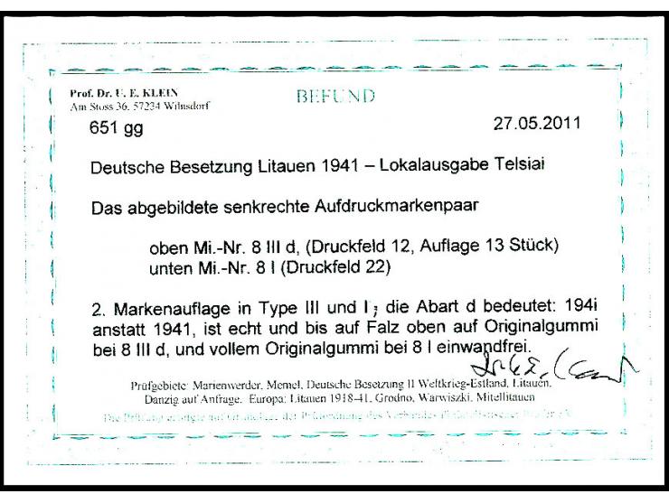 Nordpolflug 80 K. im senkrechten Paar, Type III bzw. I, obere Marke mit Aufdruckfehler "194i" statt "1941", obere Marke ungeb