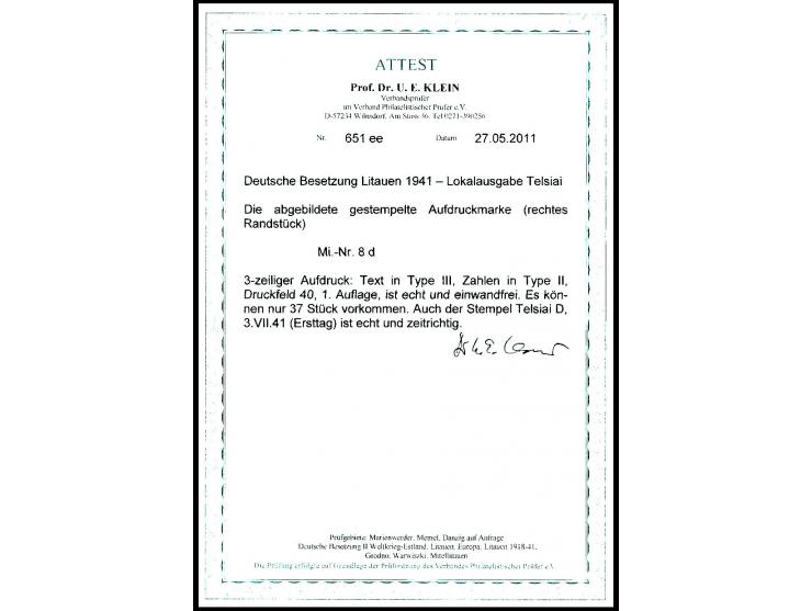 80 K. mit rechtem Bogenrand, Aufdruck in den ersten beiden Zeilen in Type III, die Zahlen in Type II, mit Stempel "TELSIAI -3
