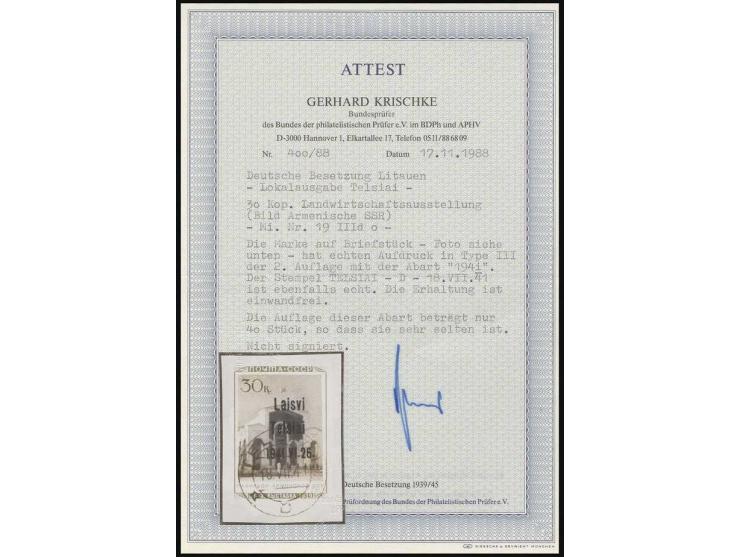 30 K. mit Aufdruckfehler "194i" statt "1941" mit Stempel "TELSIAI 18.VII.41" auf Briefstück, Kabinett, Fotoattest Krischke BP