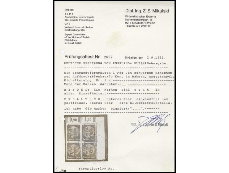 1941, 20 Kop. auf 1 Pfg., 4er-Block aus der rechten oberen Bogenecke, das obere Paar sauber ungebraucht, das untere postfrisc