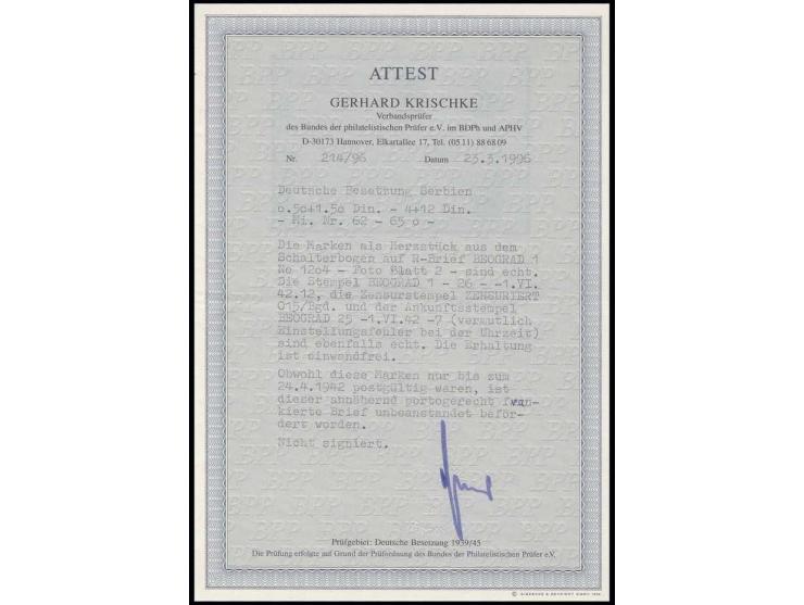 1942, Kriegsgefangene 0,50-4 Din als Herzstück mit Stempel "BEOGRAD -1-VI.42" auf eingeschriebenem Ortsbrief mit Zensuren, ob