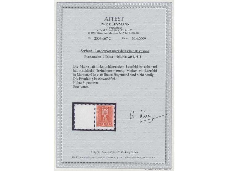 PORTOMARKEN: 1943, 6 D. mit kpl. großem Leerfeld links, postfrisch, Kabinett, unsign. mit Fotoattest Kleymann BPP