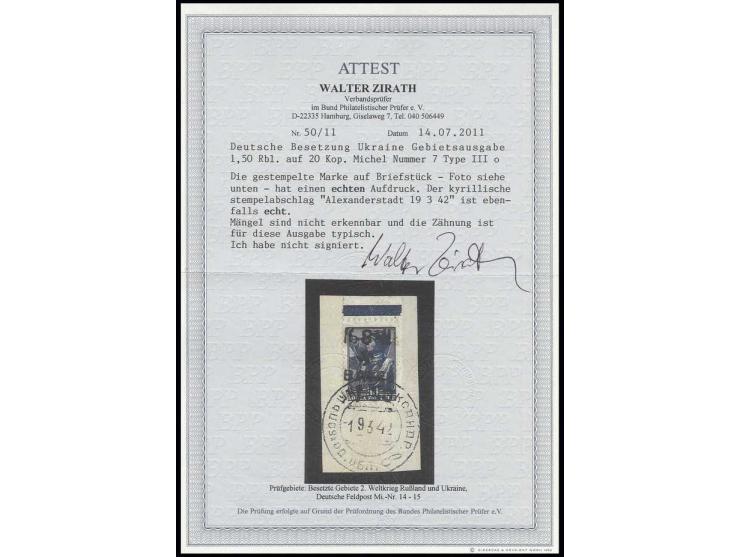 1.50 Rbl. auf 30 K. mit sauberem Stempel "ALEXANDERSTADT 19 3 42" auf Briefstück, Kabinett, Fotoattest Zirath BPP