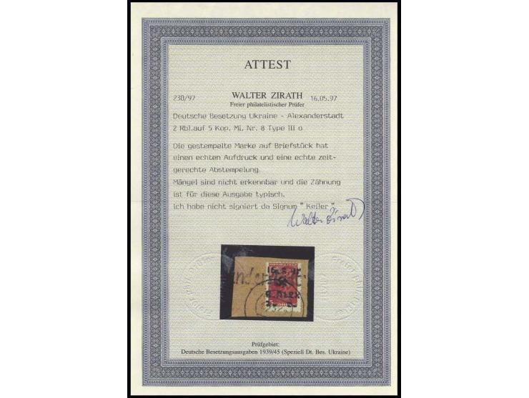 2 Rbl. auf 5 K., mit stummem Stempel und L1 "(Alexa)nderstadt" auf Briefstück, Kabinett, sign. Keiler und Fotoattest Zirath