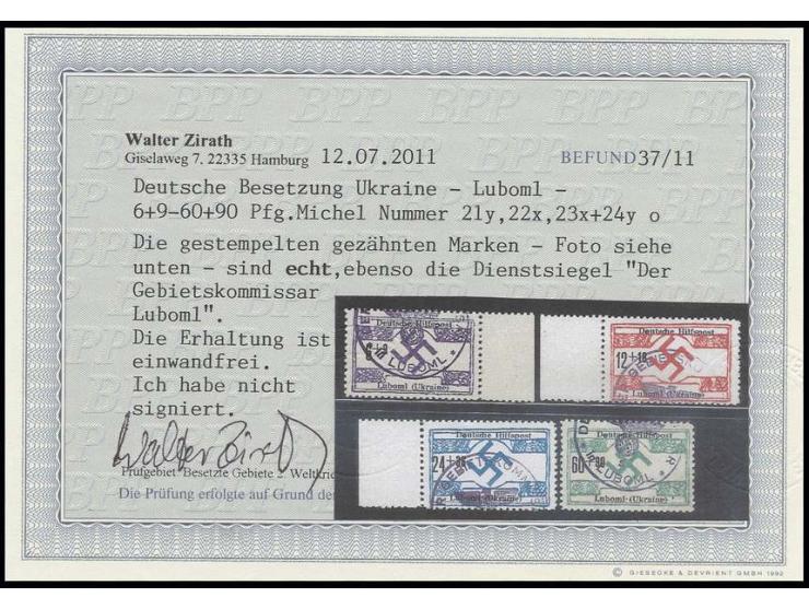 LUBOML: 1944, 6-60 Pfg. kpl. (jeweils 2 Werte auf x- bzw. y-Papier), gestempelt, Pracht, Fotobefund Zirath BPP