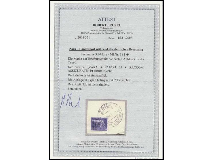3.70 L. mit Stempel "ZARA 22.10.43" auf Briefstück, Kabinett, Fotoattest Brunel BPP