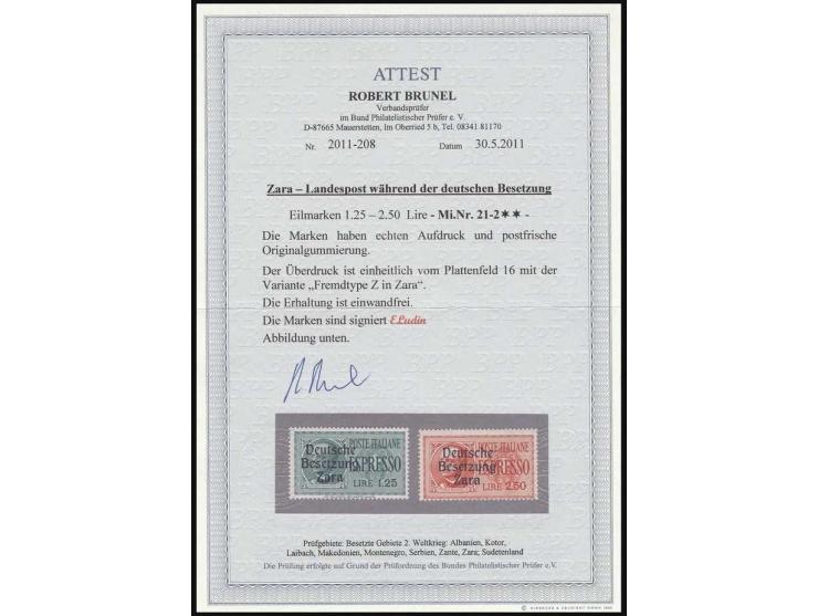 Eilmarken 1,25 - 2,50 L. einheitlich mit Aufdruck von Feld 16 "Fremdtype Z in Zara", postfrisch, Kabinett, u.a. sign. Ludin u