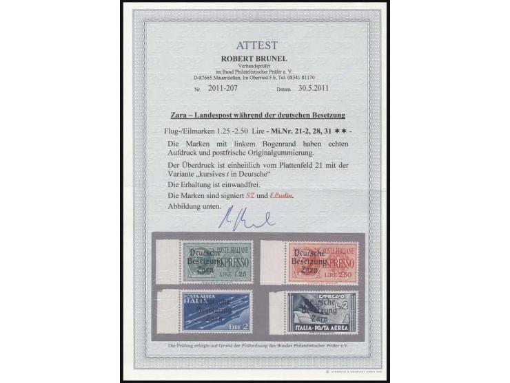 1,25 - 2,50 L. und Flugmarken 2 L. blau und 2 L. schwarzschiefer, einheitlich mit linkem Bogenrand und Aufdruck von Feld 21 m