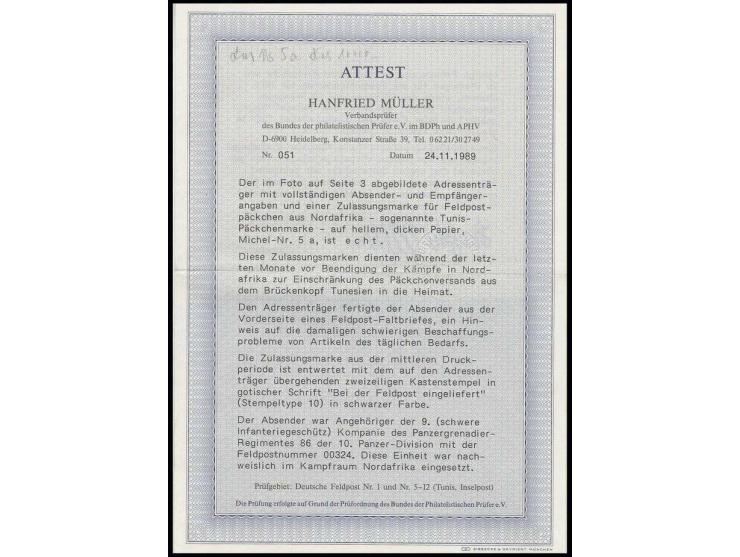 1943, Tunis-Zulassungsmarke auf dickem Papier in guter Erhaltung mit Ra2 "Bei der Feldpost eingeliefert" auf Päckchenadresse 