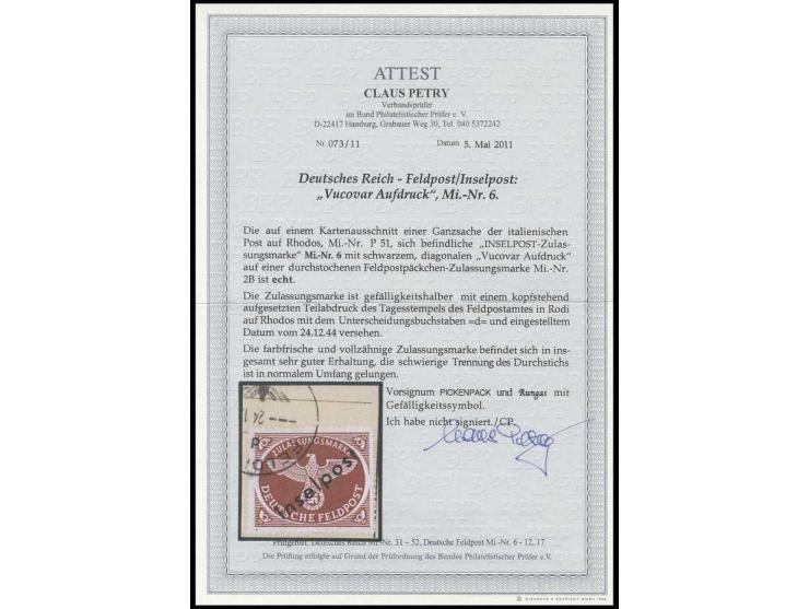  1944, Vukovar-Aufdruck, mit sauberem Teilabschlag des Tagesstempels des Feldpostamtes auf Rhodos auf kleinem Briefstück, seh