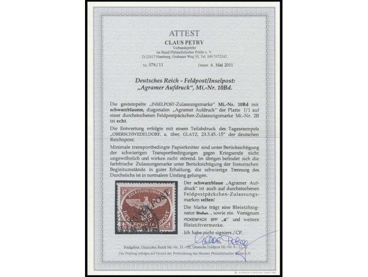 1944, Agramer Aufdruck durchstochen, Aufdruck schwarzblau, Platte I/1, sauber gestempelt "(OBERS)CHWEDELDORF 23.3.45", minima