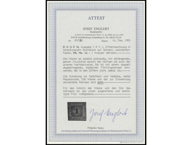 1851, 1. Auflage 1 Kr. auf sämisch, allseits breit- bis überrandig mit Teilen von 3 Nachbarmarken, leicht entwertet, Kabinett