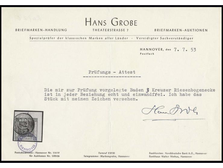 3 Kr. auf gelb, voll- bis überrandige rechte obere Bogenecke mit 4/5 mm Bogenrändern, sauber gestempelt, Kabinett, sign. HK u