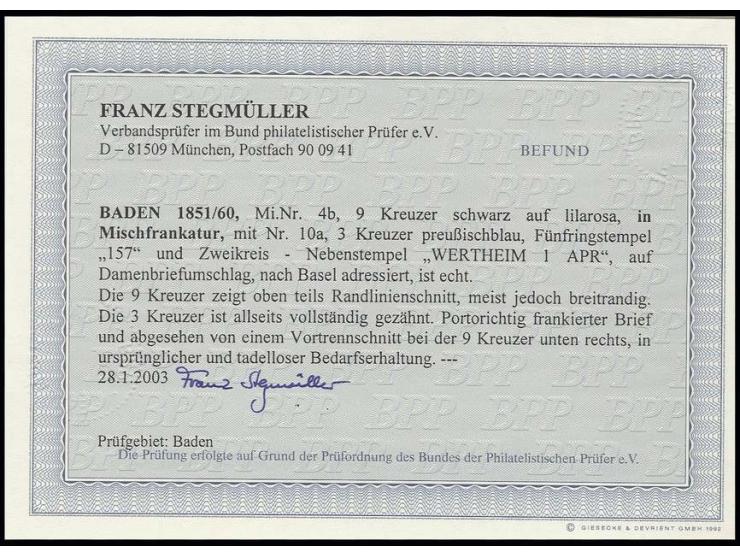 9 Kr. auf lilarosa in Mischfrankatur mit 1860, 3 Kr. preußischblau, mit sauberer Nr. "157" und nebengesetztem DKr. "WERTHEIM 
