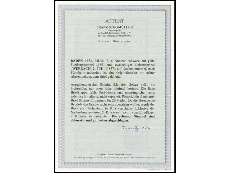 6 Kr. auf gelb, entwertet mit "169" und beigesetzt L2 "WERBACH./2.JUL" (1857) auf nicht ganz kpl. Nachnahme-Faltbrief nach Pf