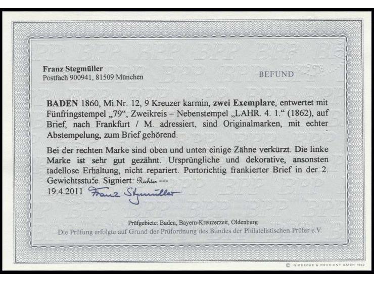 9 Kreuzer karmin, 2 Einzelwerte mit Nummer "79" auf Faltbrief der zweiten Gewichtsstufe von "LAHR 4.1." (1862) nach Frankfurt