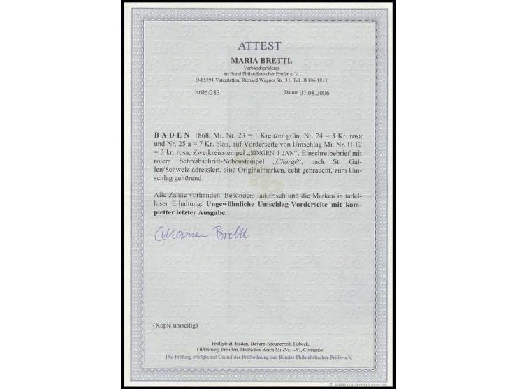 3 Kr. rosa in Mischfrankatur mit 1868, 1 Kr. grün und 7 Kr. blau mit DKr. "SINGEN 1 JAN" als Zufrankatur auf Ganzsachenvorder