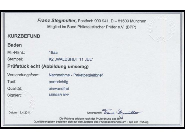 6 Kr. grauultramarin mit Doppelkreisstempel "WALDSHUT 11.JUL" auf Nachnahme-Paketbegleitformular nach Kiesenbach, seltener fr
