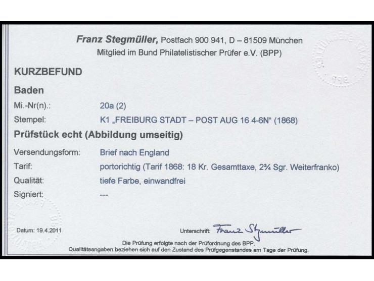 9 Kr. rötlichbraun mit EKr. "FREIBURG STADT-POST AUG 10" (1868) auf Briefhülle über Belgien nach England mit 2 3/4 Groschen W