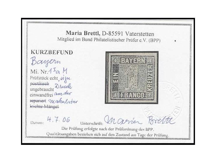 1 Kr. grauschwarz, Platte 1, Druck aus der Makulatur, ungebraucht ohne Gummi, Foto-Kurzbefund (2006) und sign. Brettl BPP