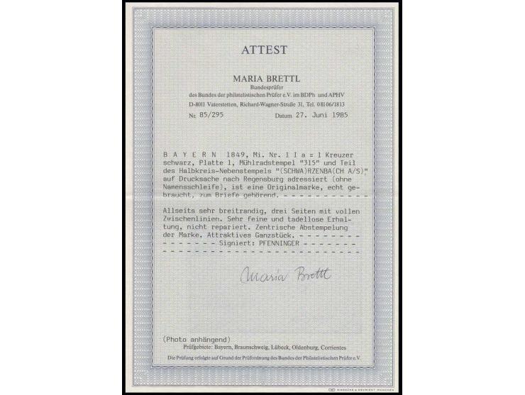 1 Kr. schwarz, Platte 1, allseits schön breitrandig mit vollen Zwischenlinien an drei Seiten, gestempelt mit gMR "315" auf Dr