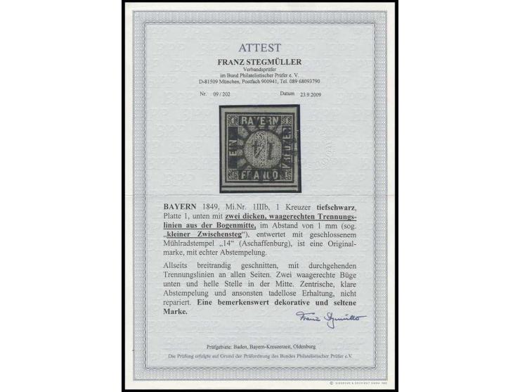 1 Kr. tiefschwarz, Platte 1, Plattenposition B45, unten mit zwei dicken waagerechten Trennungslinien aus der Bogenmitte, sog.