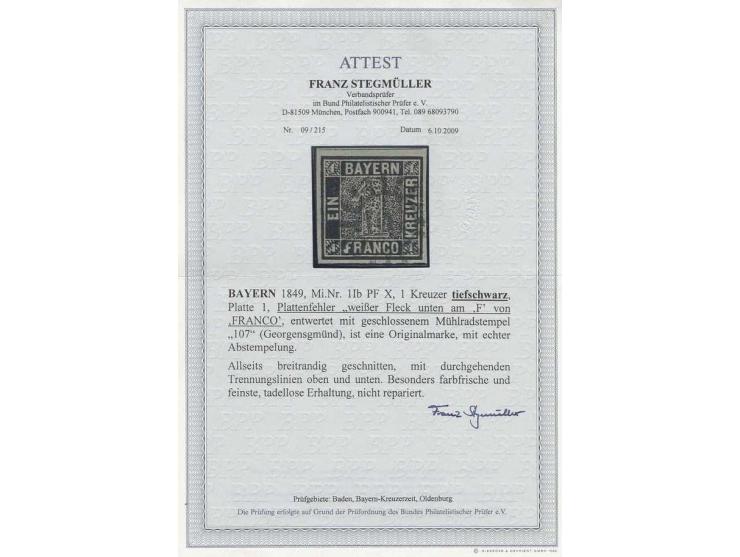 1 Kr. tiefschwarz, Platte 1X, mit prominenten Plattenfehler "weißer Fleck unten am F von FRANCO", Plattenposition auf Platte 