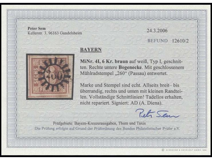 6 Kr. braunorange, allseits überrandige rechte untere Bogenecke mit vollständigen Schnittlinien und schmalen Bogenrändern, sa