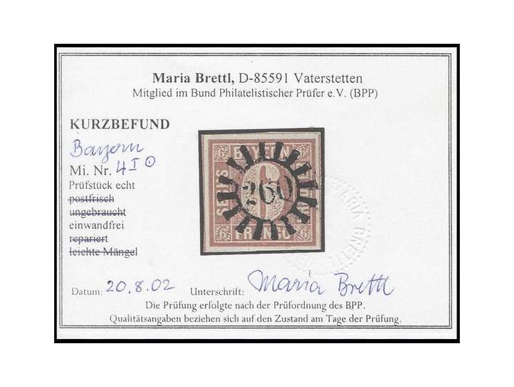 6 Kr. braunorange, allseits breitrandig mit Teilen der Zwischenlinien an allen Seiten mit ideal aufgesetztem gMR "260" PASSAU