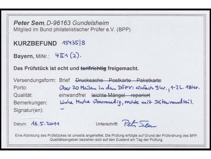 6 Kr. dunkelbraunorange, 2 Einzelwerte, 1 Wert links kurz lupenrandig, sonst sehr breit mit schmalem rechten Bogenrand, der a