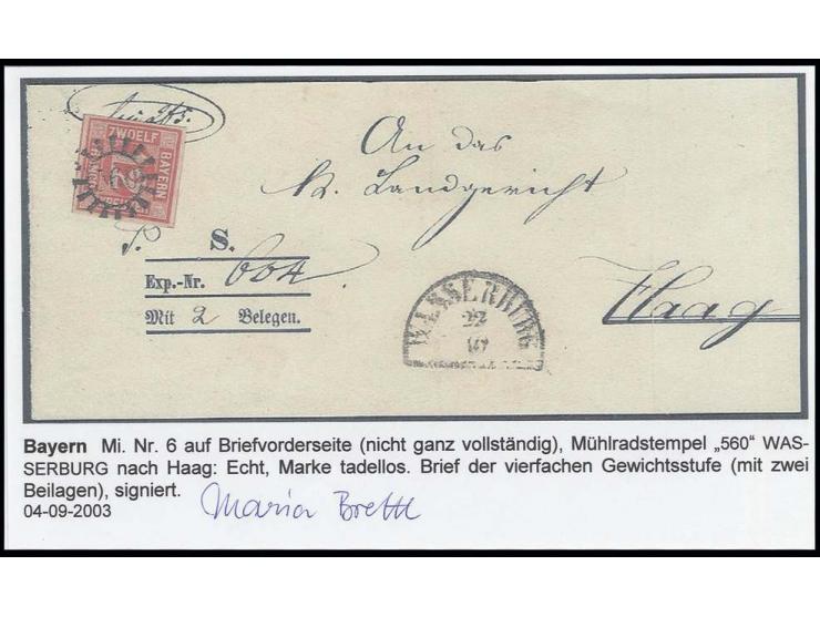 12 Kr. rot, allseits breitrandig mit gMR "560" und nebengesetztem Segmentstempel "WASSERBURG 22/10" auf nicht ganz kpl. Brief
