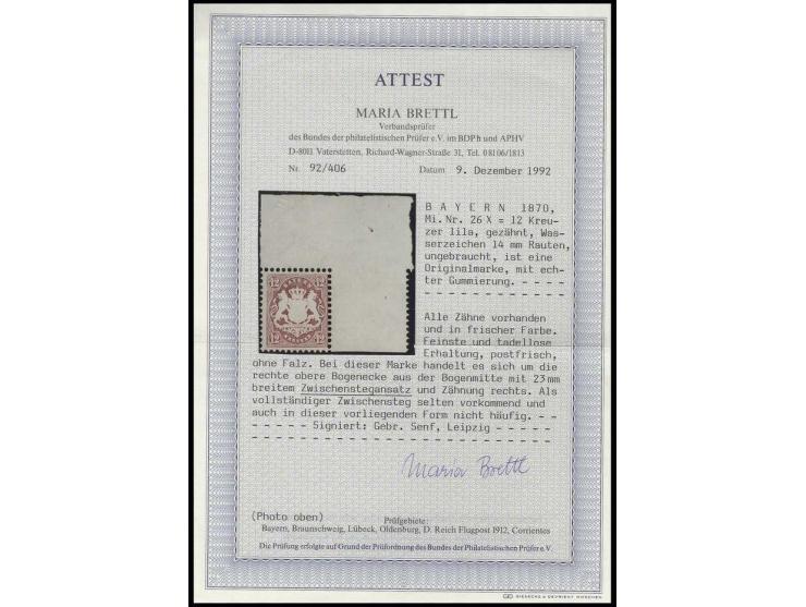 12 Kr. lila mit breitem Oberrand und rechts mit Zwischensteg, farbfrisch und einwandfrei gezähnt, postfrisch, Luxus, sign. Ge