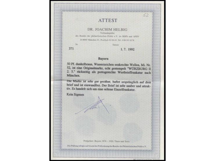 1881, 50 Pfg. dunkelorangebraun, farbfrisch und einwandfrei gezähnt mit EKr. "WÜRZBURG 2 5" rückseitig auf kleinem Wertbrief 