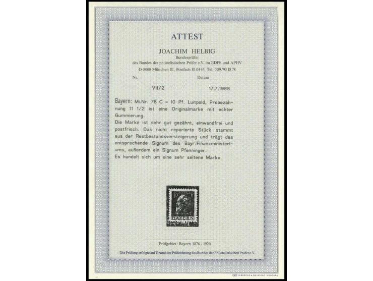 1911, Luitpold 10 Pfg. mit Probezähnung 11 1/2, postfrisch, Auflage nur 200 Stück, Altsignaturen, Fotoattest Helbig BPP