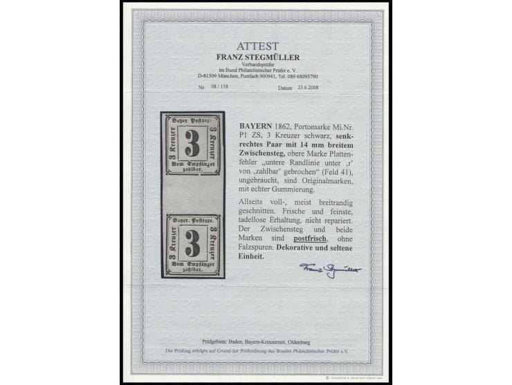 PORTOMARKEN: 1862, 3 Kr. im senkrechten Zwischenstegpaar, dabei obere Marke mit Plattenfehler "untere Randlinie gebrochen" (F