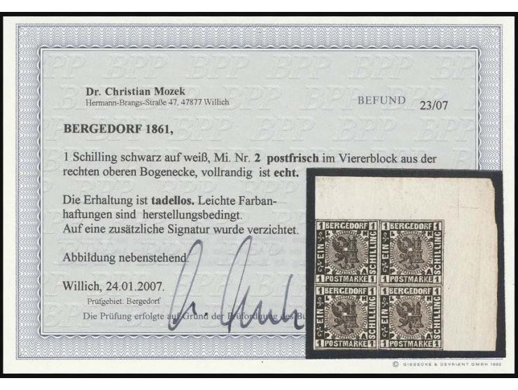 1 Sch. schwarz im 4er-Block aus der rechten oberen Bogenecke, postfrisch, Pracht, Fotobefund Dr. Mozek BPP